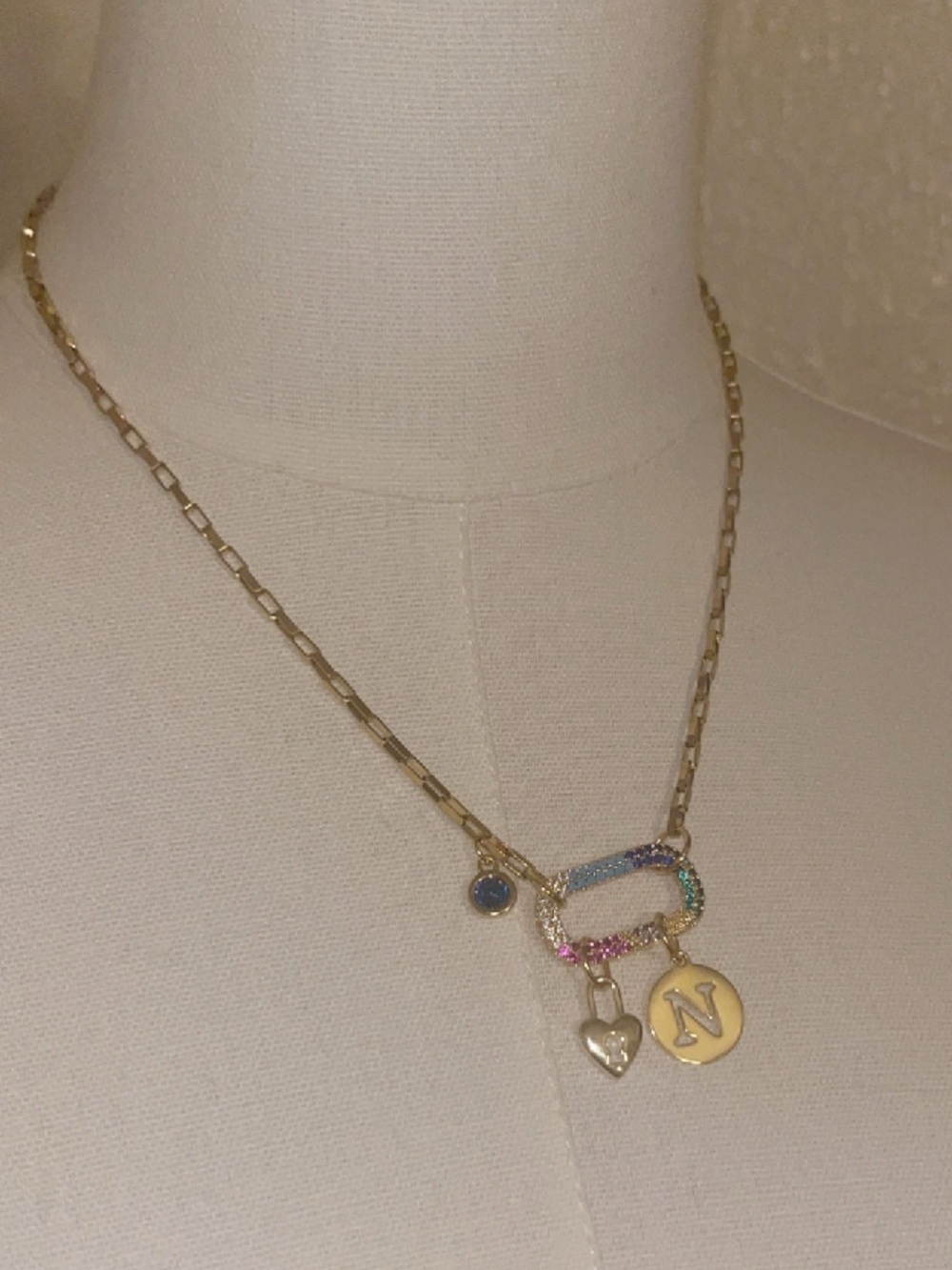 Gold Initial 'N' Charm Necklace with Multicolor CZ Loop, Heart & Green stone